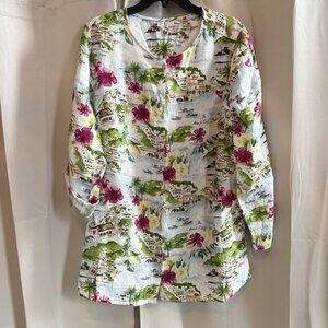 Tropical Linen Tunic Top Size 2X Hawaiian Aloha Button Up Woven Boho Beach 18803